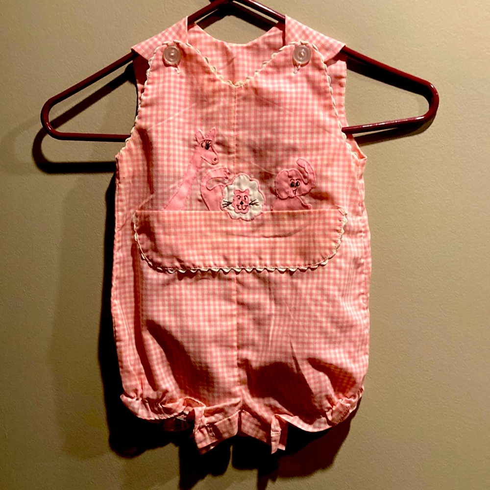 Vintage early 1970 one piece pink gingham outfit with animals. Pristine size 24M